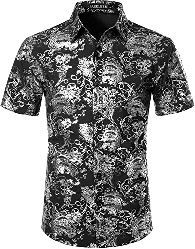 PARKLEES Herren Hipster Gold Rose Printed Slim Fit Kurzarm Button Down Kleid Shirts, Cl23-Black Silver, XL von PARKLEES