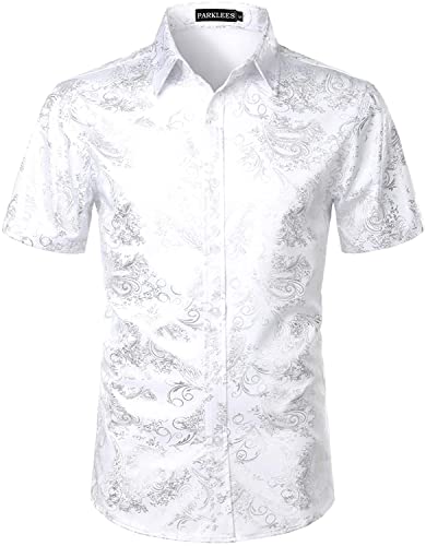 PARKLEES Herren Hipster Gold Rose Gedruckt Slim Fit Kurzarm Button Down Kleid Shirts, Cl23-weiß Silber, L von PARKLEES