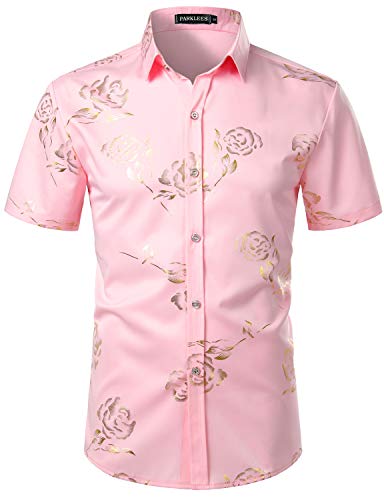 PARKLEES Herren Hipster Gold Rose Gedruckt Slim Fit Kurzarm Button Down Kleid Shirts, Roségold, XL von PARKLEES