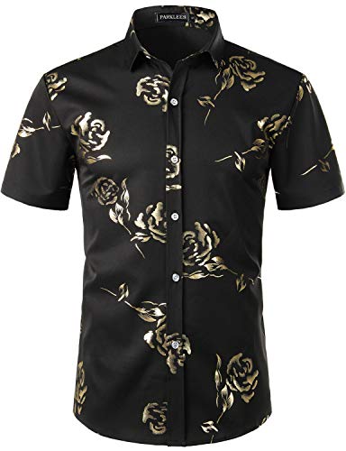 PARKLEES Herren Hipster Gold Rose Gedruckt Slim Fit Kurzarm Button Down Kleid Shirts, schwarz / goldfarben, XL von PARKLEES