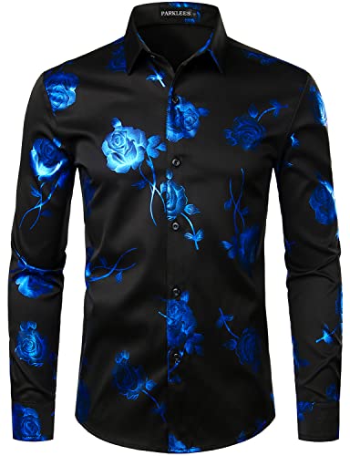 PARKLEES Herren Hipster Gold Rose Printed Slim Fit Langarm Kleid Shirts / Abschlussball Performing Shirts, Zzcl22-black royal blue, L von PARKLEES