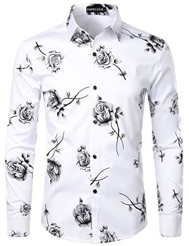 PARKLEES Herren Hipster Gold Rose Printed Slim Fit Langarm Kleid Shirts / Abschlussball Performing Shirts, Zzcl22-white black, L von PARKLEES