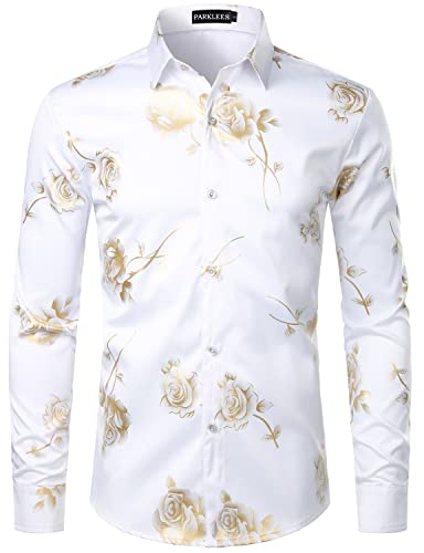 PARKLEES Herren Hipster Gold Rose Printed Slim Fit Langarm Kleid Shirts/Prom Performing Shirts, Zzcl22-White Champagner, L von PARKLEES