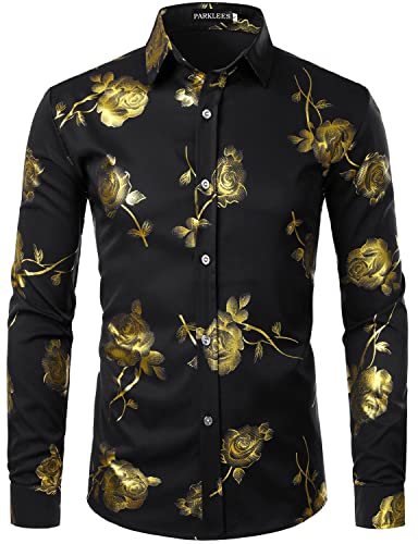 PARKLEES Herren Hipster Gold Rose Printed Slim Fit Langarm Kleid Shirts/Prom Performing Shirts, Zzcl22-black, XXL von PARKLEES