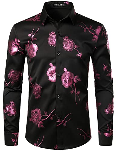 PARKLEES Herren Hipster Gold Rose Printed Slim Fit Langarm Kleid Shirts/Prom Performing Shirts, Zzcl22-black pink, L von PARKLEES