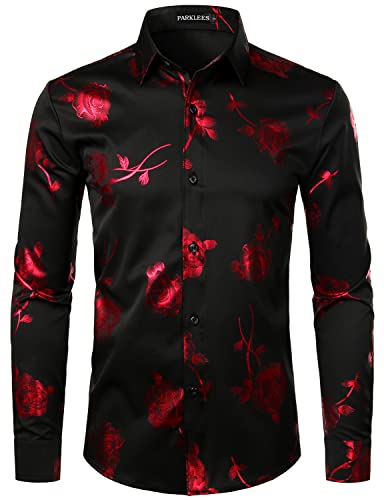 PARKLEES Herren Hipster Gold Rose Printed Slim Fit Langarm Kleid Shirts/Prom Performing Shirts, Zzcl22-black red, L PARKLEES Herren Hipster Gold Rose Printed Slim Fit Langarm Kleid Shirts/Prom Performing Shirts, Zzcl22-black red, L von PARKLEES