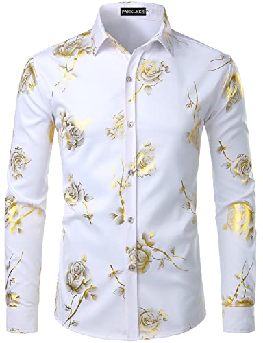 PARKLEES Herren Hipster Gold Rose Printed Slim Fit Langarm Kleid Shirts / Abschlussball Performing Shirts, Zzcl22-white, L von PARKLEES