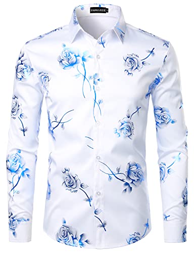 PARKLEES Herren Hipster Gold Rose Printed Slim Fit Langarm Kleid Shirts / Abschlussball Performing Shirts, Zzcl22-white royal blue, S von PARKLEES