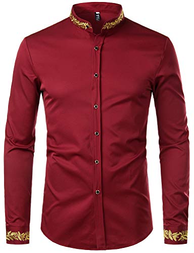 PARKLEES Herren Hipster Gold Stickerei Design Grandad Kragen Hemd Slim Fit Langarm Button Up Kleid Shirts, Plzhcl44-Burgund, XXL von PARKLEES