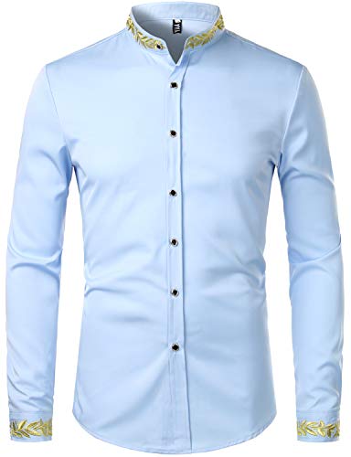 PARKLEES Herren Hipster Gold Stickerei Design Grandad Kragen Hemd Slim Fit Langarm Button Up Kleid Shirts, Plzhcl44-light Blue, L von PARKLEES