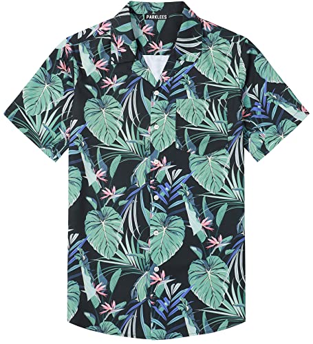 PARKLEES Herren Hipster Hawaiihemden Sommer Faltenfrei Regular Fit Kurzarm Kubanischer Kragen Aloha Beach Shirt, 03-schwarz, grün, XXL von PARKLEES