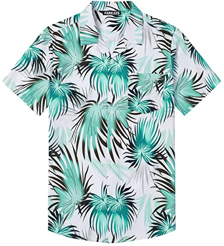 PARKLEES Herren Hipster Hawaiihemden Sommer Faltenfrei Regular Fit Kurzarm Cuban Collar Aloha Strandshirt, 10-weiß grün, M von PARKLEES