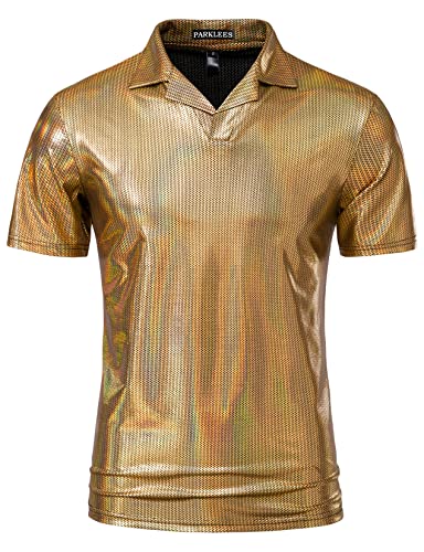 PARKLEES Herren-Poloshirt Hipster, Metallic-Gold, kurzärmelig, 70er-Jahre-Disco-Nachtclub-Party-T-Shirts, Gold, M von PARKLEES