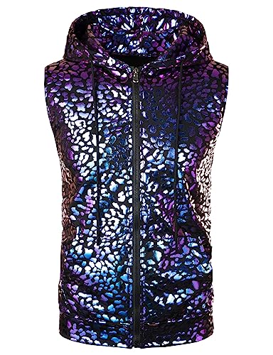 PARKLEES Herren Hipster Metallic Pailletten Reißverschluss Ärmellos Kapuzenweste T-Shirt mit Kängurutasche, Sv18-Lila, L von PARKLEES