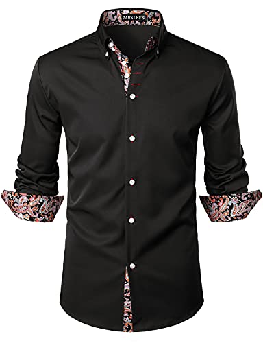 PARKLEES Herren Hipster Paisley Patchwork Design Slim Fit Langarm Knopfleiste Hemden, Schwarz , S von PARKLEES