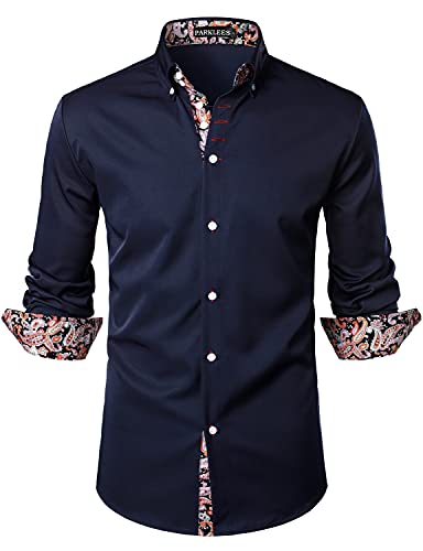 PARKLEES Herren Hipster Paisley Patchwork Design Slim Fit Langarm Knopfleiste Hemden, navy, XL von PARKLEES