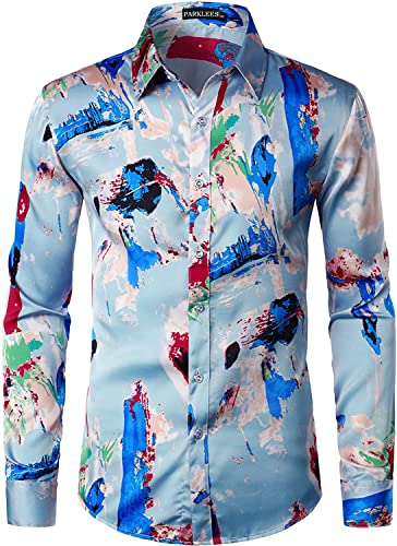 PARKLEES Herren Hipster Seide gedruckt Slim Fit Langarm Knopfleiste Satin Kleid Shirts, Zlcl36-101-blue, S von PARKLEES