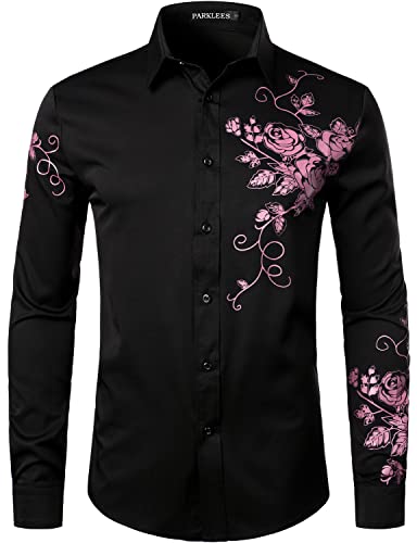 PARKLEES Herren Hipster Stickerei Design Slim Fit Langarm Button Down Kleid Shirts, Zzcl63-black pink, L von PARKLEES