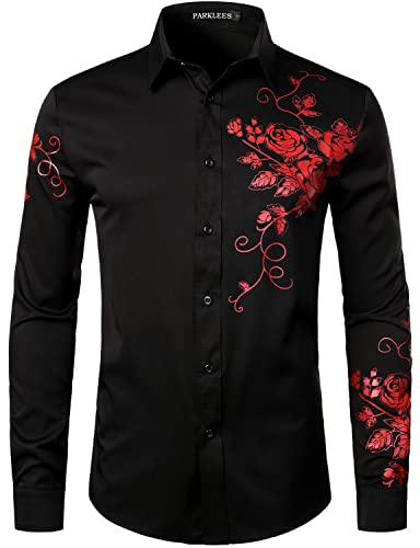 PARKLEES Herren Hipster Stickerei Design Slim Fit Langarm Button Down Kleid Shirts, Zzcl63-black red, XL von PARKLEES