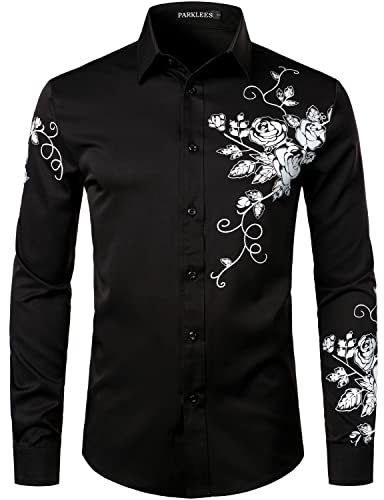 PARKLEES Herren Hipster Stickerei Design Slim Fit Langarm Button Down Kleid Shirts, Zzcl63-black white, XL von PARKLEES