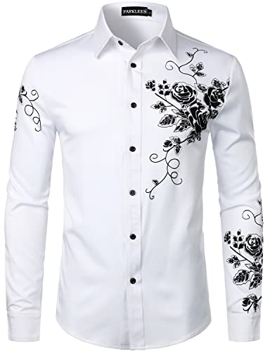 PARKLEES Herren Hipster Stickerei Design Slim Fit Langarm Button Down Kleid Shirts, Zzcl63-white black, L von PARKLEES