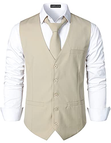 PARKLEES Herren Hipster Urban Design Business formelle Weste Slim Fit Anzug Smoking Kleid Weste, beige, S von PARKLEES