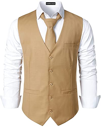 PARKLEES Herren Hipster Urban Design Business formelle Weste Slim Fit Anzug Smoking Kleid Weste, khaki, L von PARKLEES
