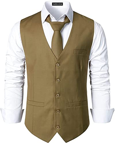 PARKLEES Herren Hipster Urban Design Business formelle Weste Slim Fit Anzug Smoking Kleid Weste, kakigrün, S von PARKLEES