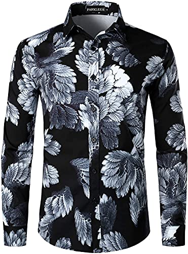 PARKLEES Herren Hipster Urban Design Polyester 3D Gedruckt Slim Fit Langarm Button Up Kleid Shirts, Schwarz , S von PARKLEES