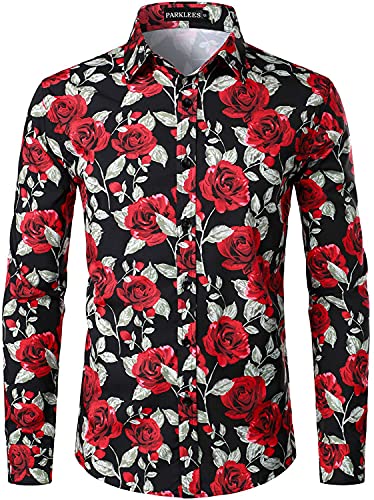 PARKLEES Herren Hipster Urban Design Polyester 3D Printed Slim Fit Langarm Button Up Kleid Shirts, Burgunderrot, L von PARKLEES