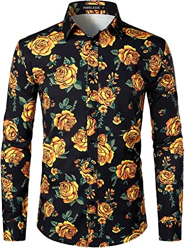 PARKLEES Herren Hipster Urban Design Polyester 3D Printed Slim Fit Langarm Button Up Kleid Shirts, Zlcl21-yellow, L von PARKLEES