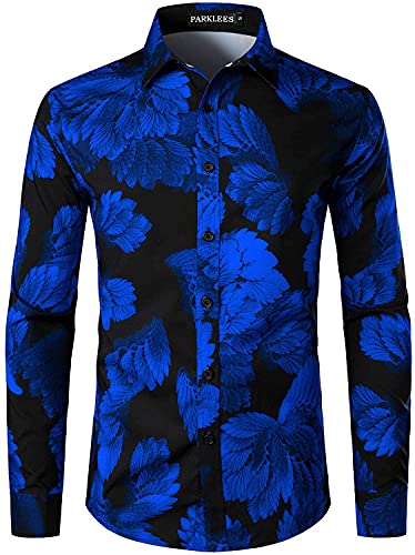 PARKLEES Herren Hipster Urban Design Polyester 3D Printed Slim Fit Langarm Button Up Kleid Shirts, königsblau, S von PARKLEES