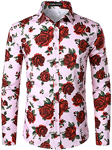 PARKLEES Herren Hipster Urban Design Polyester 3D Printed Slim Fit Langarm Button Up Kleid Shirts, rosa / rot, L von PARKLEES