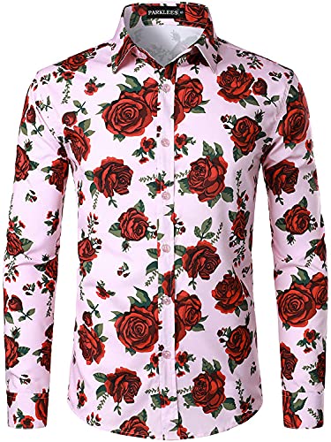 PARKLEES Herren Hipster Urban Design Polyester 3D Gedruckt Slim Fit Langarm Button Up Kleid Shirts, rosa / rot, XXL von PARKLEES