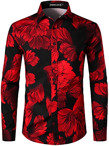 PARKLEES Herren Hipster Urban Design Polyester 3D Gedruckt Slim Fit Langarm Button Up Kleid Shirts, rot, L von PARKLEES