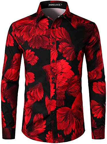 PARKLEES Herren Hipster Urban Design Polyester 3D gedruckt Slim Fit Langarm Knopfleiste Hemd, rot, S von PARKLEES