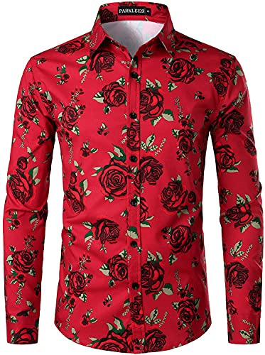PARKLEES Herren Hipster Urban Design Polyester 3D gedruckt Slim Fit Langarm Knopfleiste Hemd, rote rose, XXL von PARKLEES
