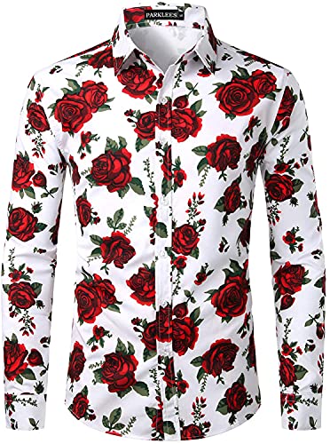 PARKLEES Herren Hipster Urban Design Polyester 3D Printed Slim Fit Langarm Button Up Kleid Shirts, weiß / rot, M von PARKLEES