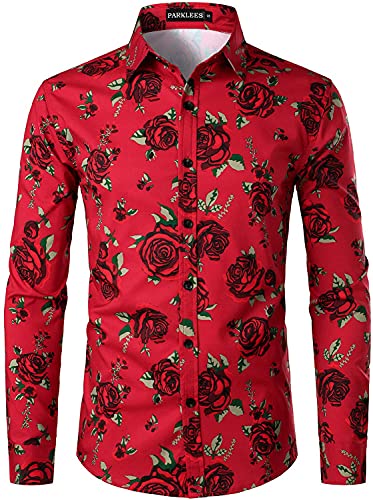 PARKLEES Herren Hipster Urban Design Polyester 3D Gedruckt Slim Fit Langarm Button Up Kleid Shirts, rote rose, M von PARKLEES