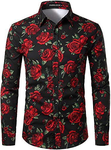 PARKLEES Herren Hipster Urban Design Polyester 3D gedruckt Slim Fit Langarm Knopfleiste Hemd, schwarz / rot, L von PARKLEES