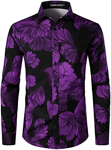 PARKLEES Herren Hipster Urban Design Polyester 3D Gedruckt Slim Fit Langarm Button Up Kleid Shirts, violett, S von PARKLEES