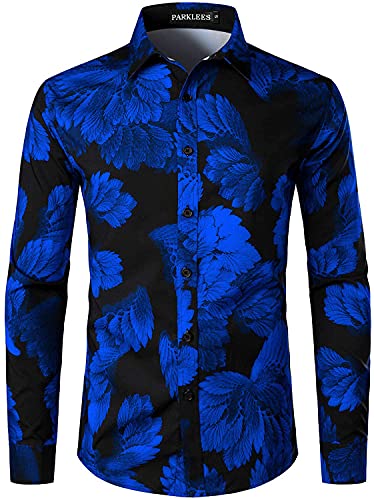 PARKLEES Herren Hipster Urban Design Polyester 3D Printed Slim Fit Langarm Button Up Kleid Shirts, königsblau, XL von PARKLEES