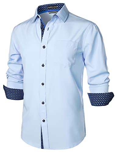PARKLEES Herren Hipster Urban Design Regular Fit Langarm Casual Business Button Up Kleid Shirts mit Tasche, hellblau, XXL von PARKLEES