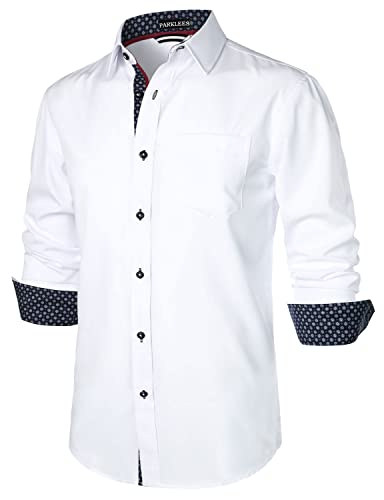 PARKLEES Herren Hipster Urban Design Regular Fit Langarm Casual Business Button Up Kleid Shirts mit Tasche, weiß, XL von PARKLEES