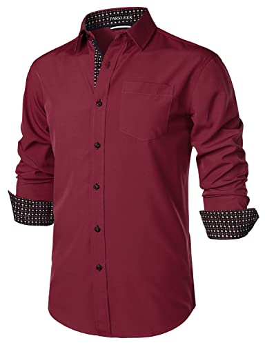 PARKLEES Herren Hipster Urban Design Regular Fit Langarm Casual Business Button Up Kleid Shirts mit Tasche, burgunderfarben, XXL von PARKLEES