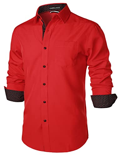 PARKLEES Herren Hipster Urban Design Regular Fit Langarm Casual Business Button Up Kleid Hemden mit Tasche, rot, XXL von PARKLEES