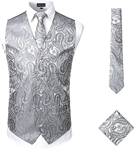 PARKLEES Klassische Herren-Weste, 3-teilig, Paisleymuster, Krawatte, Einstecktuch, Set, Hochzeit, Abschlussball, Party, Weste für Anzug oder Smoking, ZLSV08-Grau, M von PARKLEES