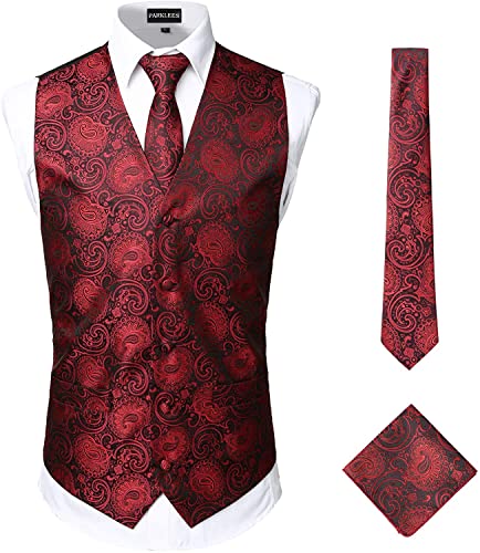 PARKLEES Herren Klassische 3-teilige Paisley-Weste Krawatte Einstecktuch Set Hochzeit Abschlussball Party Weste für Anzug oder Smoking, burgunderrot schwarz, S von PARKLEES