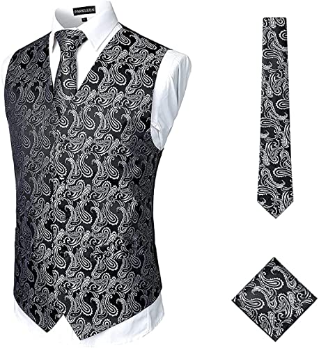 PARKLEES Klassische Herren-Weste, Paisleymuster, Krawatte, Einstecktuch, Set, Hochzeit, Abschlussball, Party, Weste für Anzug oder Smoking, 3-teilig, SV14-Black Silver, XL von PARKLEES