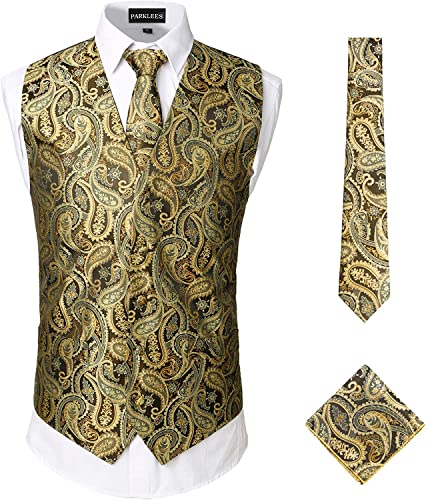 PARKLEES Klassische Herren-Weste, 3-teilig, Paisleymuster, Krawatte, Einstecktuch, Set, Hochzeit, Abschlussball, Party, Weste für Anzug oder Smoking, gold, XXL von PARKLEES